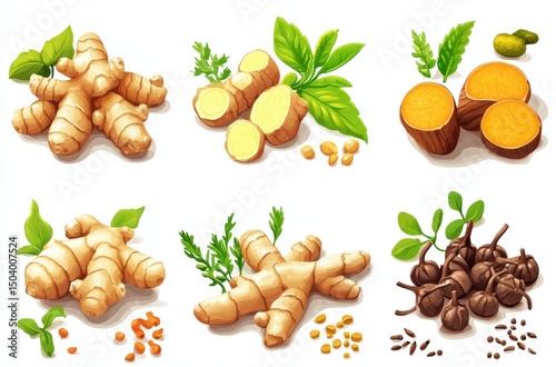Isometric vector label concept with Thai herb icons like