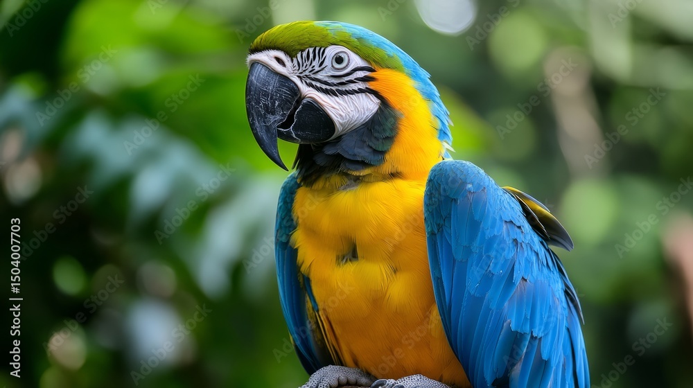 Obraz premium Vibrant blue-and-yellow macaw parrot perched on a tree branch with tropical foliage in the background, showcasing the colorful plumage and exotic beauty of a south american rainforest bird in natural 