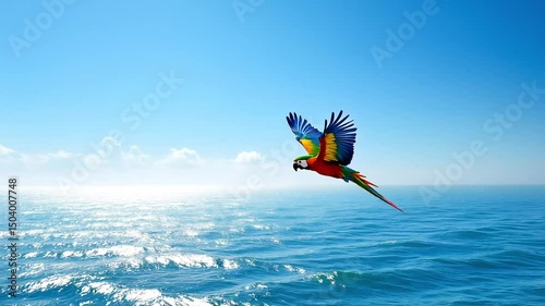  Vibrant parrot flying over shimmering ocean under clear sky