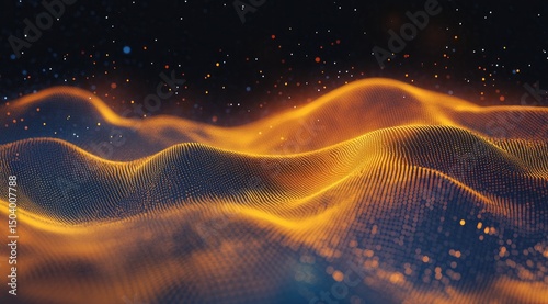 Abstract digital landscape of orange and dark particles.  A dynamic, undulating wave-like structure of glowing orange particles against a dark background. 
