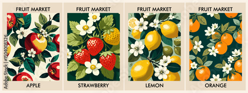 Set of Fruit market retro posters with lemon, orange, strawberry and apple fruits. Kitchen wall art. Colorful vector illustrations

