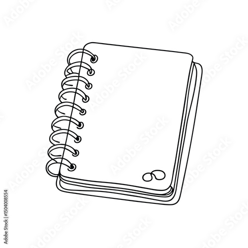 The black line drawing shows a closed, blank notebook with spiral binding