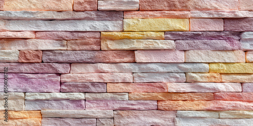 Wall coated in stone featuring stacked striped bricks. Outer wall surface, background and texture