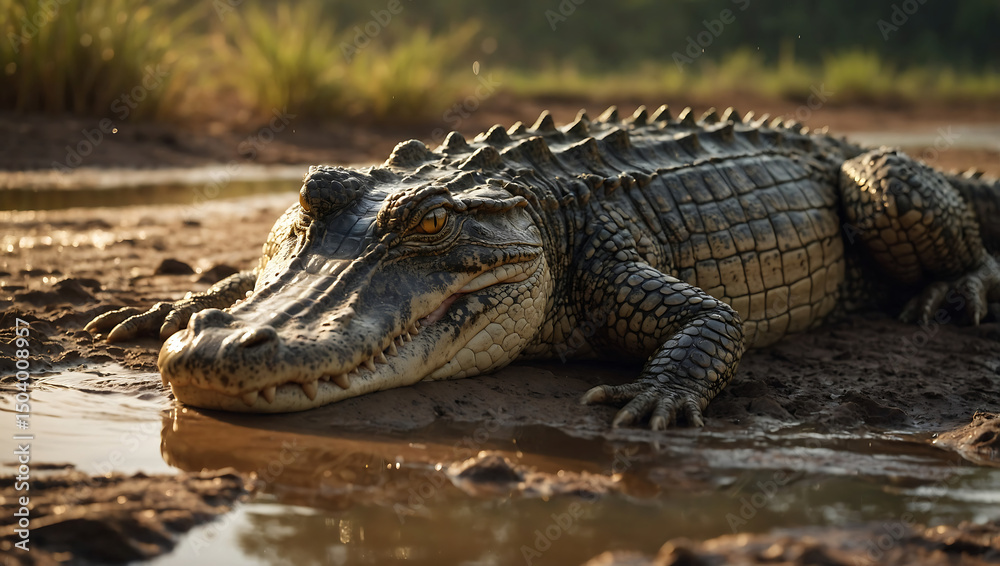 Naklejka premium Crocodile Basking in Golden Sunlight on Muddy Riverbank