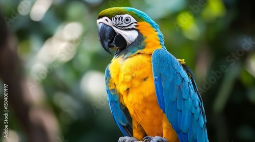 Vibrant blue-and-yellow macaw parrot perched on a tree branch with tropical foliage in the background, showcasing the colorful plumage and exotic beauty of a south american rainforest bird in natural 