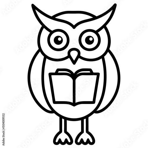 Owl with open book line art black icon on white background.