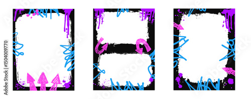 Grunge black frame template with arrows. Graffiti spray art layout backgrounds set. Borders with airbrush paint lines. Ink punk decor for photo. Vector double retro texture posters overlay.