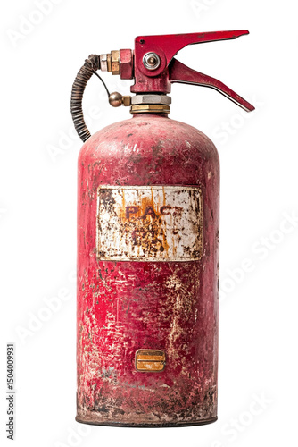 Vintage red rusty fire extinguisher safety equipment old antique worn tool on transparent background