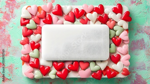 Colorful Array of Heart Shaped Candies Surrounding a White Chocolate Bar on a Mint Background