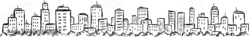 Hand drawn ink sketch city panorama in doodle outline style. Vector illustration urban landscape.