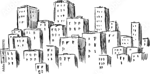 Hand drawn ink sketch city panorama in doodle outline style. Vector illustration urban landscape.