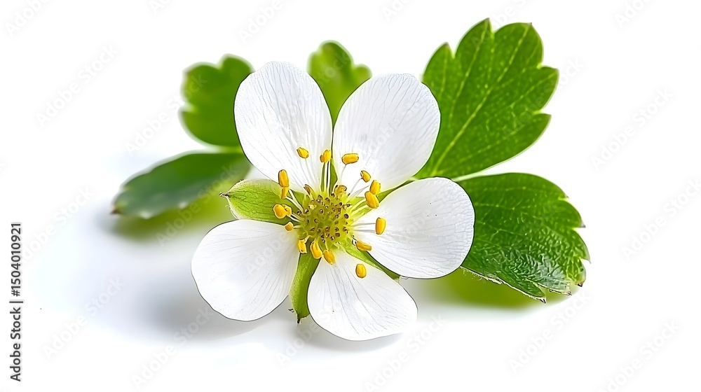 Obraz premium Beautiful White Strawberry Flower with Green Leaves Isolated on a White Background