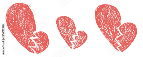 Broken hearts red crayon drawn set. Breakup marker doodles isolated on white background. Love naive hand drawn painting elements. Vector heartbreak by pencil illustration.