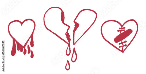 Broken hearts punk crayon drawn set. Breakup marker doodles isolated on white background. Love naive hand drawn painting elements. Vector heartbreak by pencil illustration.
