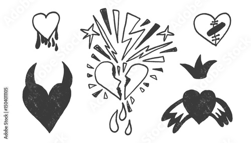 Broken hearts with crowns and devil horns crayon drawn set. Gritty marker doodles isolated on white background. Love ink naive sketch hand drawn painting elements. Vector heartbreak illustration.
