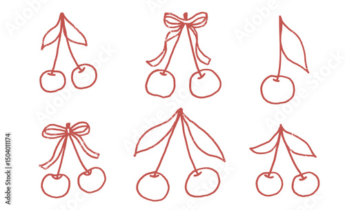 Cherry crayon drawn outline set. Coquette red stroke berries with bows and leaves doodle isolated on white background. Fruits grunge textured elements. Vector kid naive illustration by pencil.