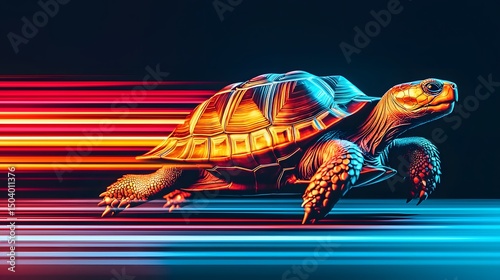 Colorful Motion Blur of a Turtle Conveying Speed on a Dark Background with Vibrant Streaks
