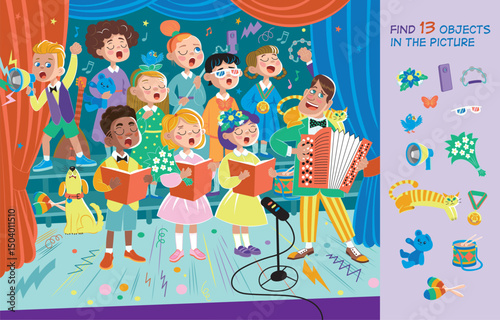 Funny musical performance. Children singing on stage. Find 13 objects in the picture. Educational game for children. Cartoon vector illustration