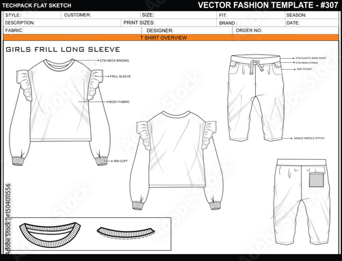 RUFFLED TOP and Shorts Sketch – Long Sleeve Top & Bottoms Vector