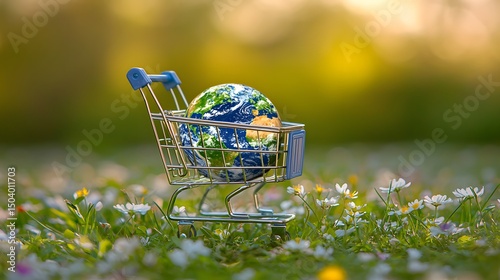 Shopping Cart with Miniature Earth Globe Surrounded by Colorful Flowers in Natural Setting