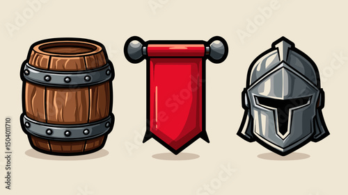 Items representing a medieval setting including a barrel, banner, and a knight's helmet arranged on a simple background