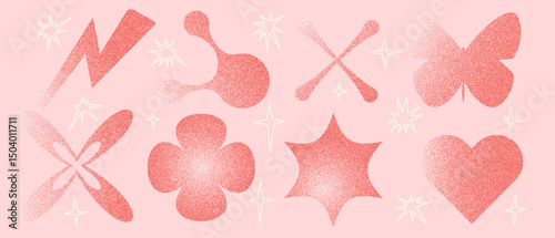 Geometric red figures with grain noise gradient. Y2k retro stippling forms set. Butterfly, heart and star flower icons isolated on pink background. Vector gritty gradation shapes illustration.