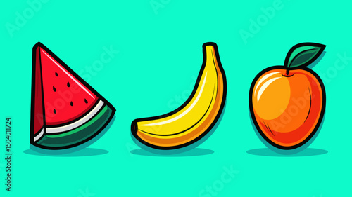 Colorful fruits including watermelon, banana, and orange arranged against a vibrant turquoise background
