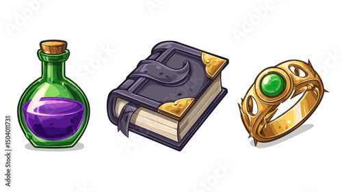 Collection of mystical items including a potion, a spellbook, and a ring displayed on a wooden surface
