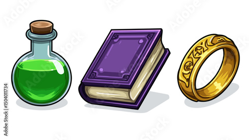 Colorful potion, ancient book, and ornate ring displayed together in a whimsical and magical setting
