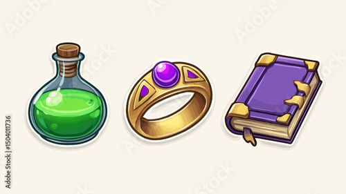 Colorful alchemical potion, gemstone ring, and ancient tome featured in a magical setting with enchanting details