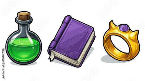 Fantasy potion, mysterious book, and magical ring on a plain background ready for an adventure in a mythical world