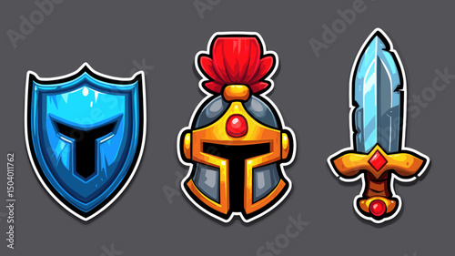 Colorful illustrations of shields and helmets designed for a medieval fantasy theme in a digital artwork style