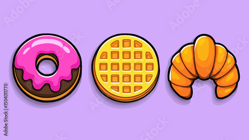 Bright and colorful collection of pastries including a donut, waffle, and croissant on a playful background