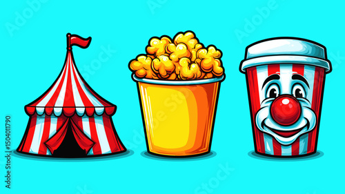 Colorful circus tent, popcorn bucket, and clown cup create a festive atmosphere at a carnival