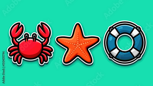 Colorful marine-themed designs featuring a crab, starfish, and lifebuoy on a bright background