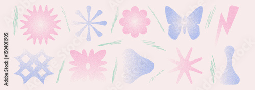 Abstract grainy figures with noise gradient texture. Y2k retro stippling forms set. Butterfly, chess pawn, lightning and flower on beige background. Vector gritty pastel colors gradation illustration.