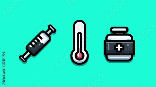 Images of medical equipment including a syringe, thermometer, and medicine bottle on a turquoise background showcasing healthcare essentials