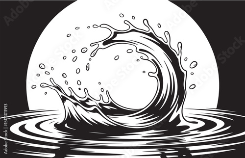 "Powerful Black-and-White Ocean Wave Splashing Under a Full Moon - Bold and Dynamic Graphic Illustration"
