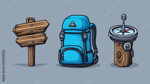 Hiking gear illustration features backpack, wooden signpost, and compass on a light background