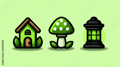 Charming green house, mushroom, and lantern trio on a light green background creating a whimsical outdoor vibe