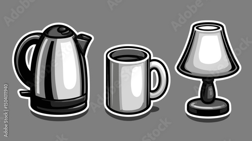 Kitchenware arranged on a grayscale background highlighting a kettle, mug, and lamp