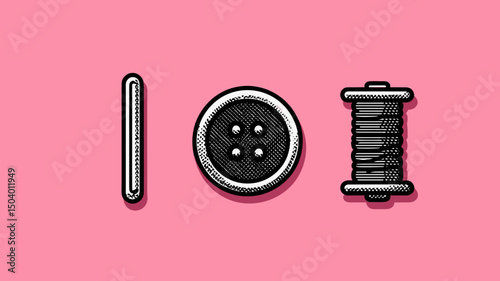 Creative illustration of sewing items on a pink background featuring a needle, button, and spool of thread