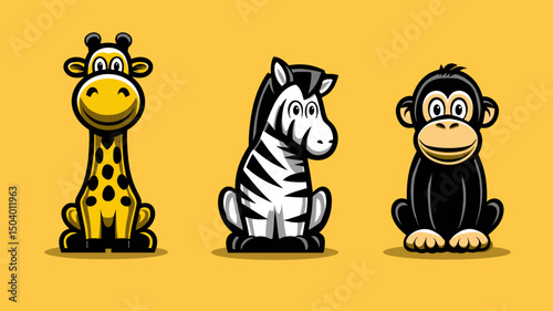 Cute cartoon animals featuring a giraffe, zebra, and monkey on a bright yellow background for a fun children's design