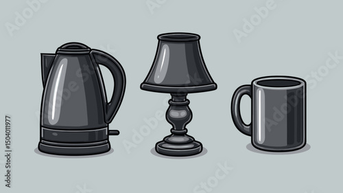 Decorative kitchen and tableware items in a minimalist style displayed against a subtle grey background