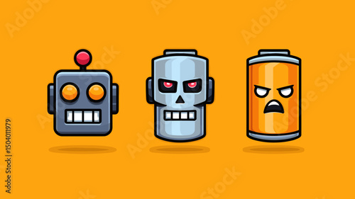 Colorful cartoon robots and battery display creativity and energy in a bright setting