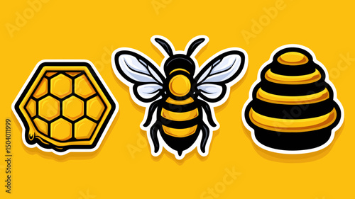 Illustrations of bee hive, bee, and honeycomb designs on a vibrant yellow background