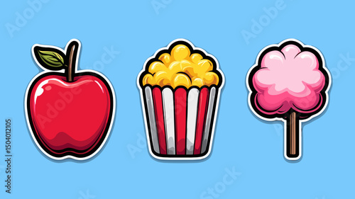 Creative food illustrations of an apple, popcorn, and cotton candy on a blue background highlighting fun snack options