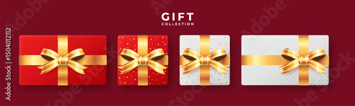 Top collection of beautifully wrapped gift boxes. Realistic present set perfect for festive designs and holiday themes.