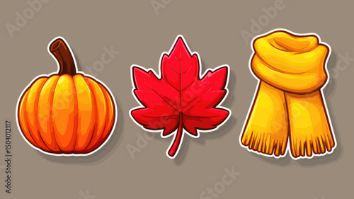 Colorful autumn symbols featuring a pumpkin, a maple leaf, and a cozy scarf on a neutral background