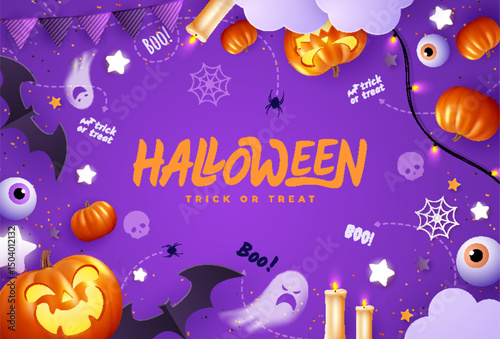 Happy Halloween trick or treating with pumpkins, spider webs, bats and spooky eyes. Spooky website, Halloween background or banner template. Vector illustration